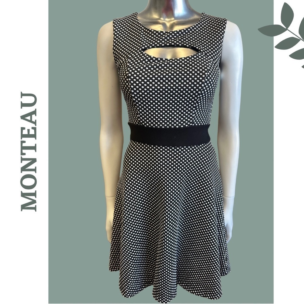 🛍️3/$40 Monteau A-Line Sleeveless Dress Black Whitee Polka Dot Cut Out Sz Small